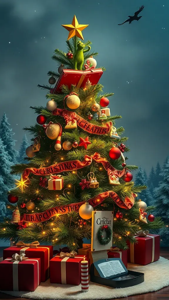 A whimsical Grinch-themed Christmas tree with colorful ornaments, a star on top, and wrapped presents underneath.