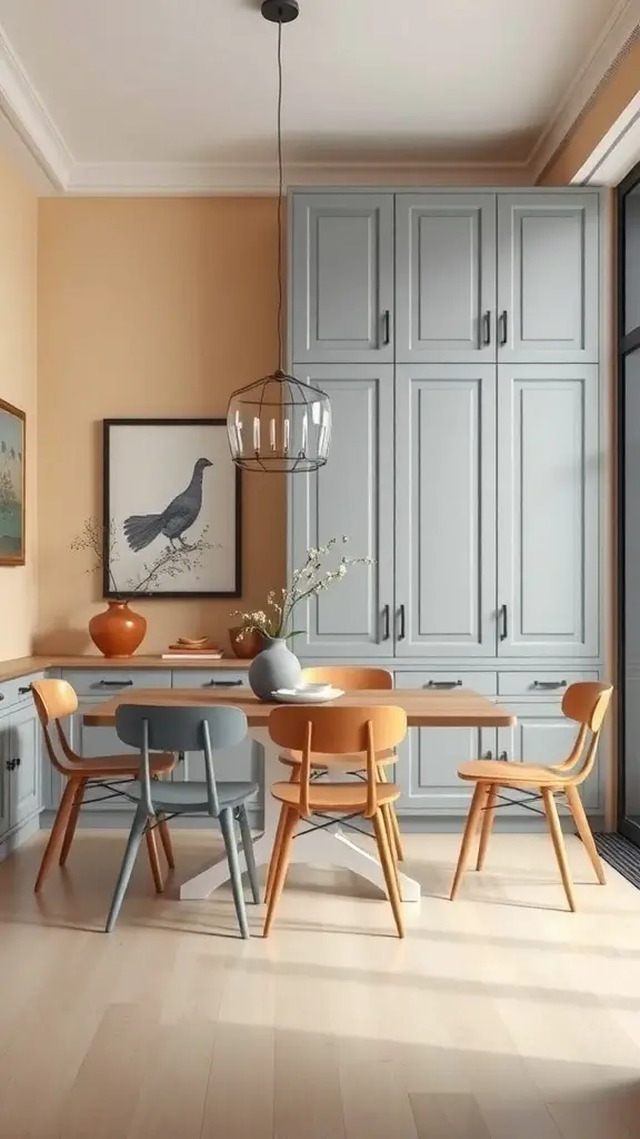 A dining room with gray storage cabinets, orange chairs, and a warm wall color.