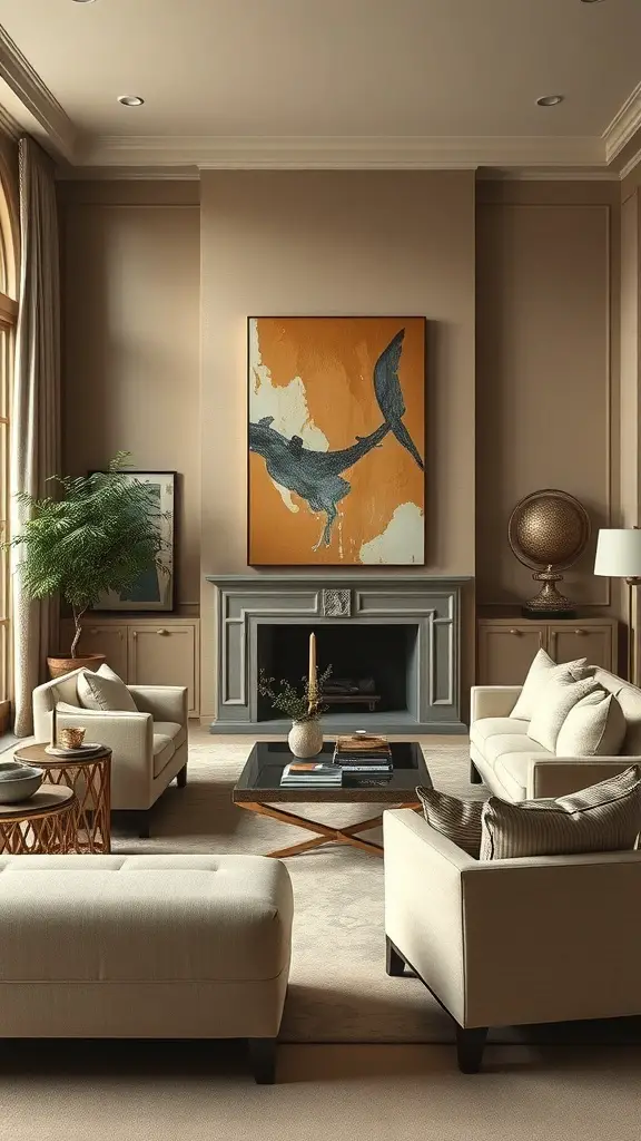 25+ Stunning Ralph Lauren-Inspired Interior Design Ideas 12 A stylish living room featuring a mix of modern and traditional design elements, with neutral tones, bold artwork, and plants.