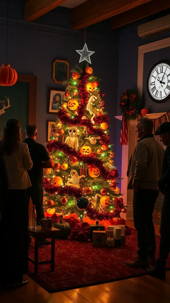 29+ Creative Halloween Christmas Tree Ideas to Spook Up Your Holiday Decor 18 A Halloween-themed Christmas tree decorated with pumpkins and skeletons, surrounded by guests.