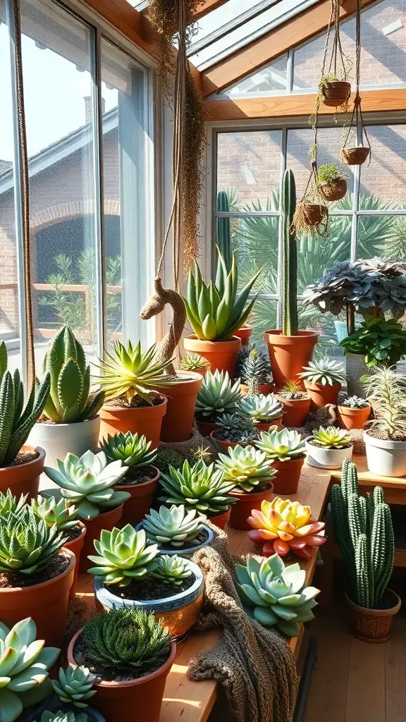27+ Inspiring Atrium Garden Ideas to Transform Your Space 14 A bright atrium filled with various succulent plants in pots, showcasing a mix of colors and sizes.