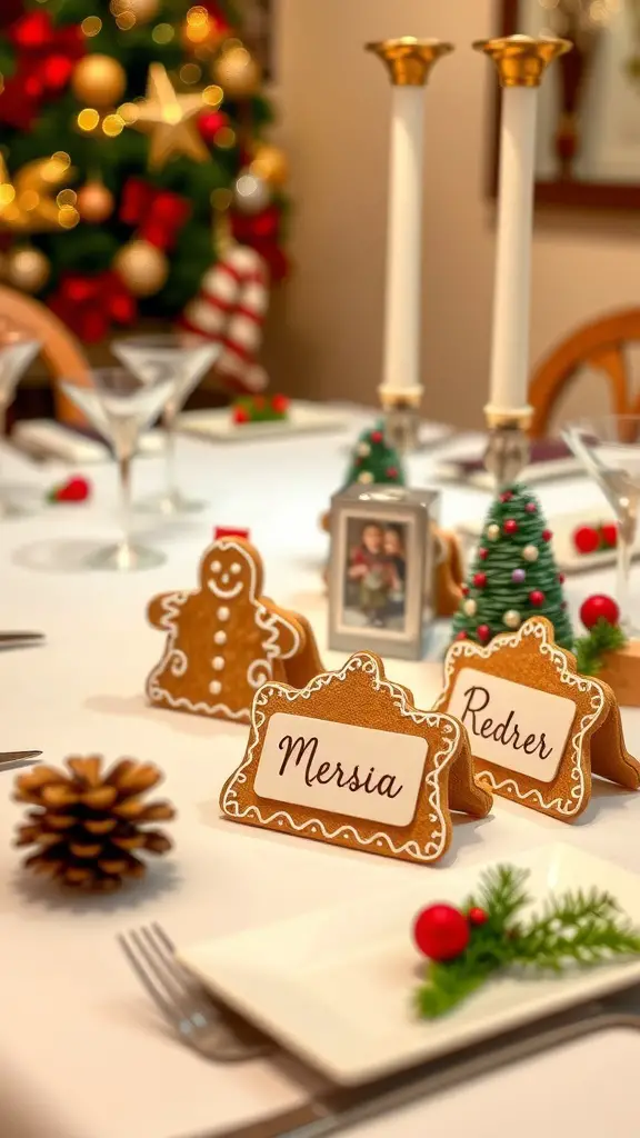 31+ Creative Gingerbread Christmas Decor Ideas You’ll Love 16 Gingerbread place cards on a festive dining table with a Christmas tree in the background.