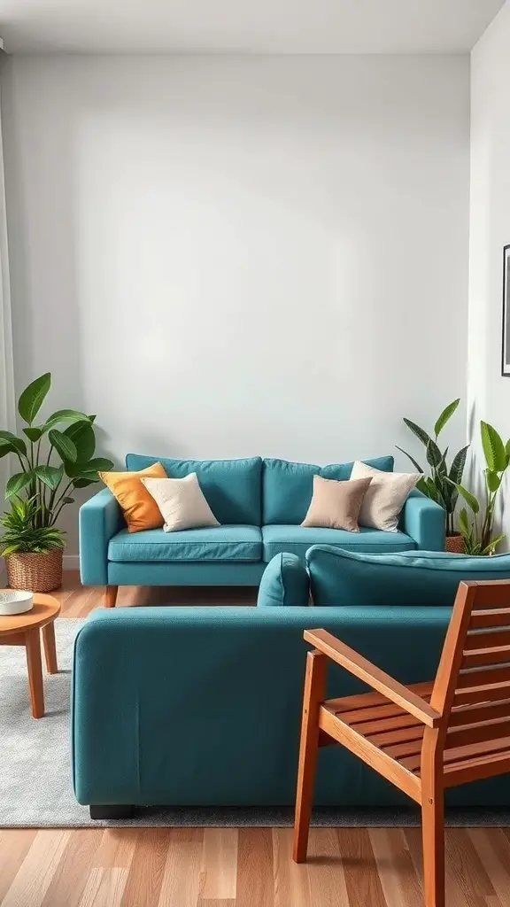 A living room featuring a teal couch, wooden chair, and various green plants.