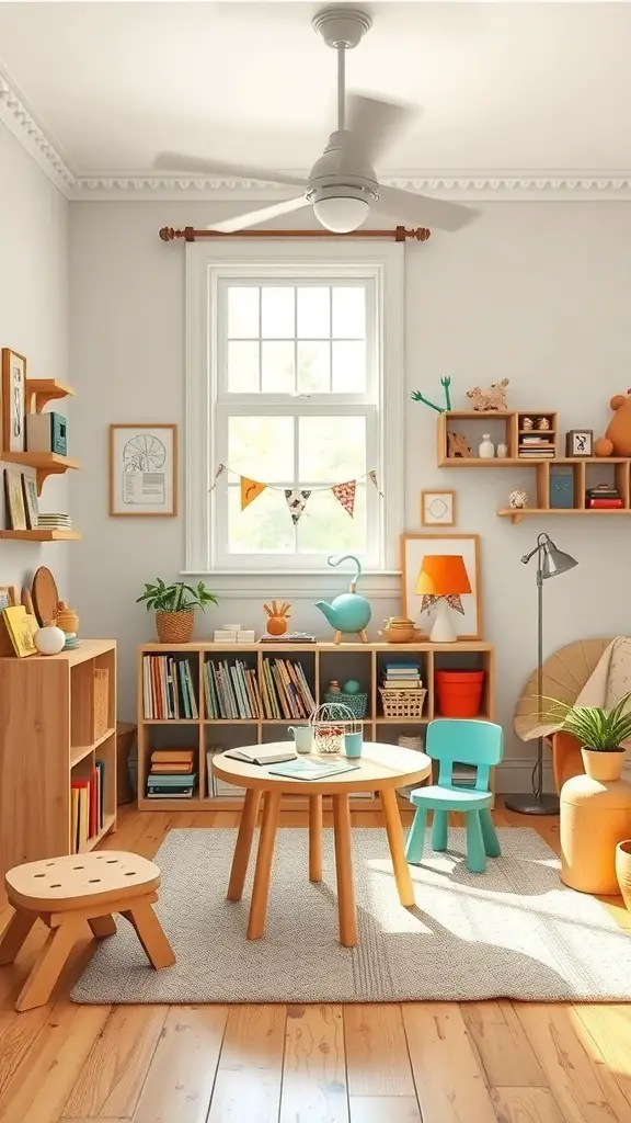 37+ Vintage Kids Room Ideas to Inspire Your Decor 10 A vintage kids' room with a round table, colorful chairs, bookshelves filled with toys and books, and a warm wooden floor.