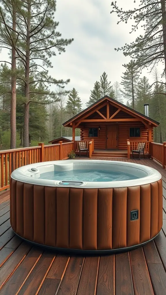 21+ Creative Backyard Inflatable Hot Tub Ideas 11 Inflatable hot tub on a wooden deck in front of a rustic cabin surrounded by trees.