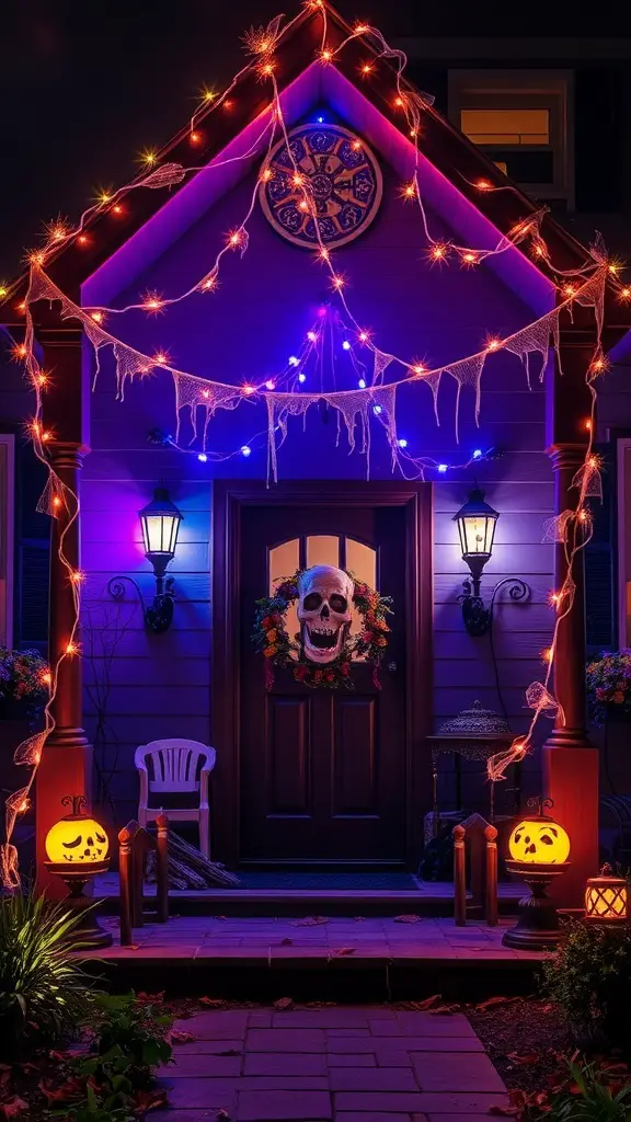 31+ Spooky Halloween House Decorations You Need This Season 18 A haunted house entrance decorated with colorful lights, a skull, jack-o'-lanterns, and cobwebs.