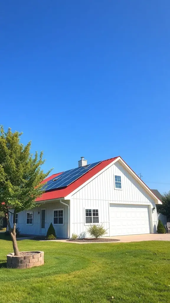 35+ Unique Pole Barn House Plans You'll Love 9 A white pole barn house with a red roof and solar panels, surrounded by green grass and trees.