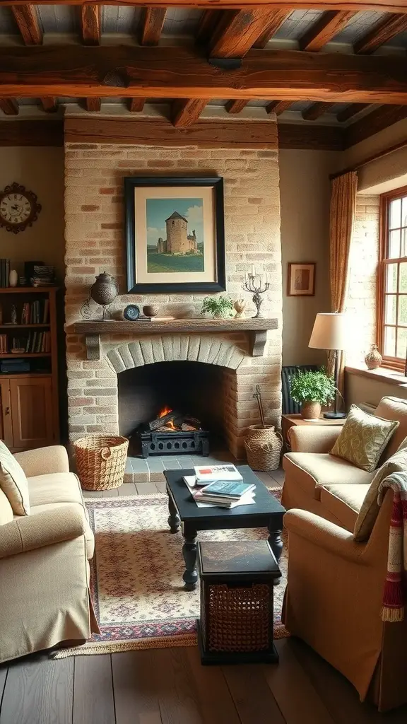 27+ Cozy English Countryside Living Room Ideas to Inspire Your Décor 2 Cozy living room with a brick fireplace, wooden beams, and comfortable seating