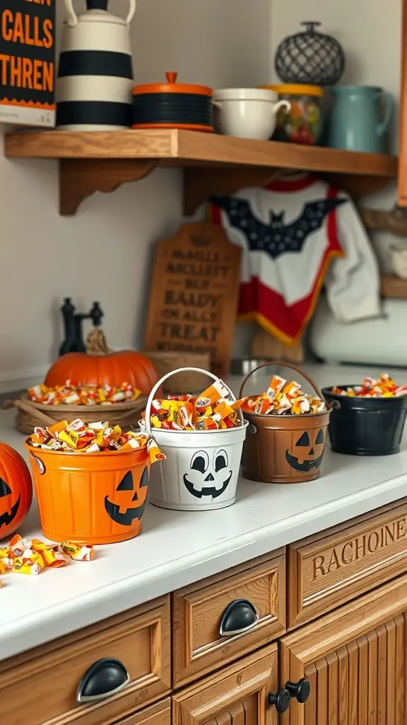 A collection of vintage trick-or-treat buckets filled with candy, featuring designs like jack-o'-lanterns and ghosts, set on a countertop.