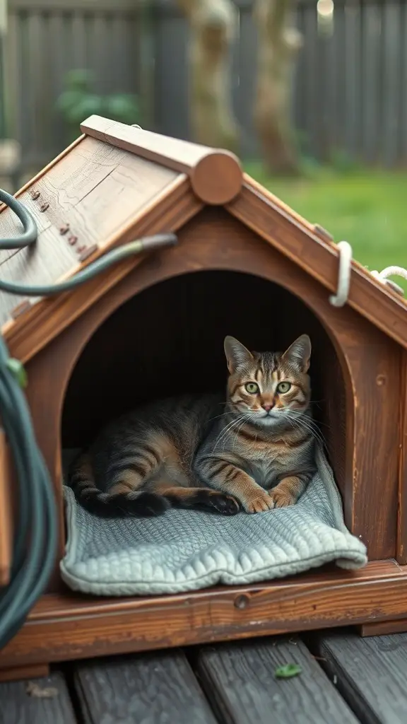 31+ Creative Outdoor Cat House Ideas for Your Feline Friend 16 A cat lounging inside a wooden cat house with a heating pad.