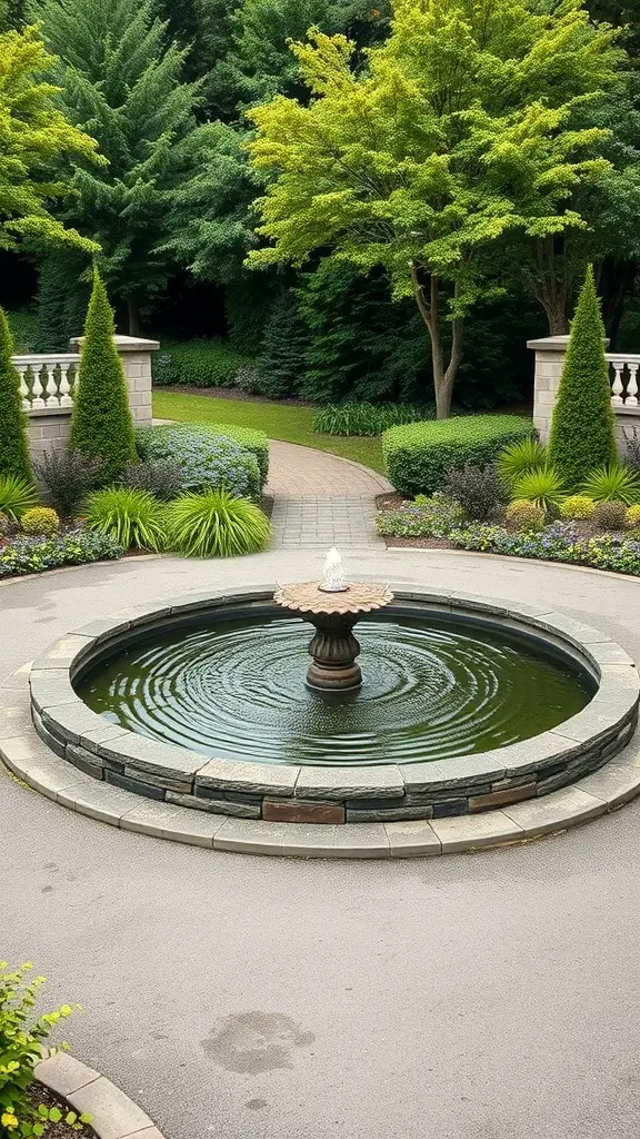 A circular driveway featuring a central fountain surrounded by greenery and flowers.