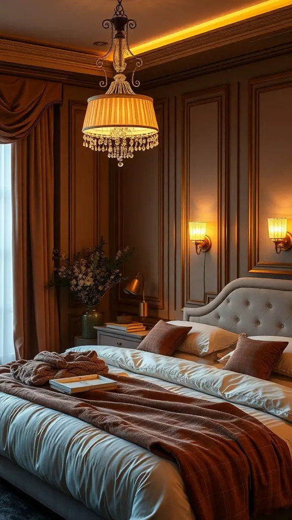 31+ Inspiring Brown and Cream Bedroom Decor Ideas 9 A beautifully decorated bedroom featuring a chandelier and wall sconces, with warm brown and cream tones.