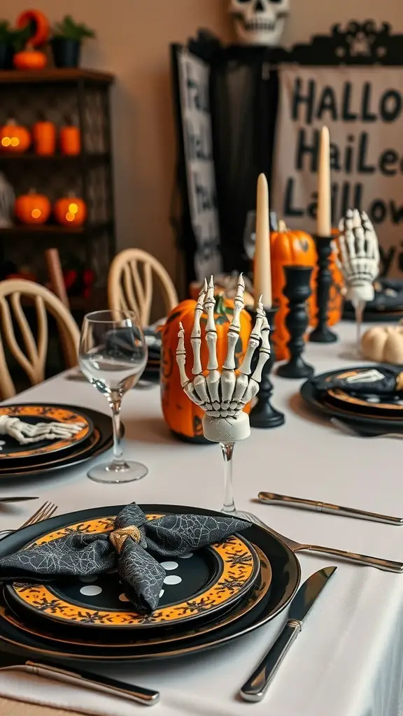 29+ Creative Halloween Craft Ideas to Spookify Your Home 10 A Halloween-themed table setting featuring skeleton hand napkin holders, black and orange plates, and decorative pumpkins.