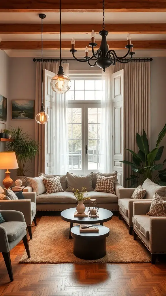 A cozy living room featuring vintage lighting fixtures, including a chandelier and pendant lights, with a warm and inviting atmosphere.