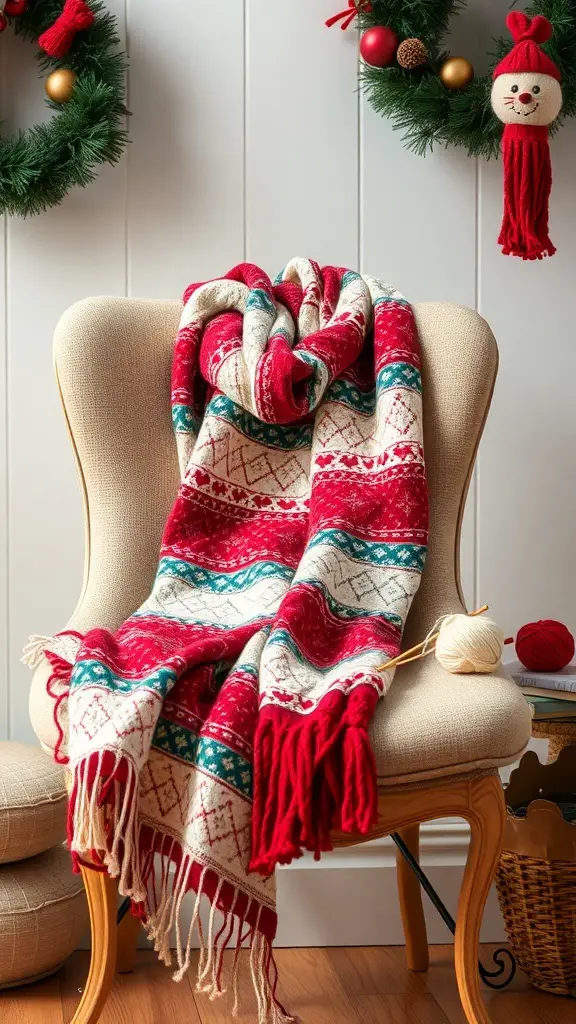 A cozy red and white knitted scarf draped over a chair, with festive decorations in the background.