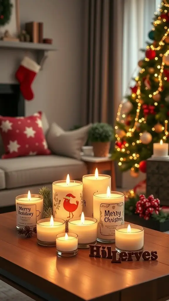 A cozy living room with holiday scented candles on a table, surrounded by festive decorations and a Christmas tree.
