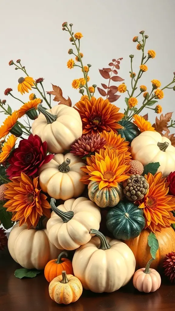 A colorful arrangement of pumpkins and flowers for a fall centerpiece.