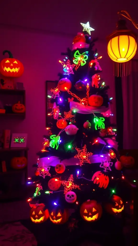 29+ Creative Halloween Christmas Tree Ideas to Spook Up Your Holiday Decor 11 A Halloween-themed Christmas tree decorated with colorful lights and spooky ornaments.