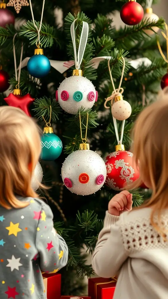 Children looking at colorful Christmas tree ornaments