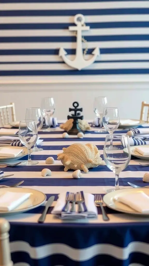 21+ Adorable Ralph Lauren Baby Shower Decor Ideas You’ll Love 2 Nautical inspired table setting with blue and white stripes, seashells, and an anchor decor piece on the wall.