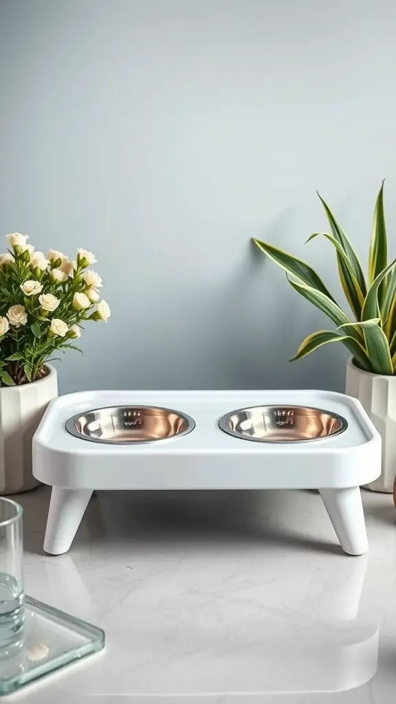 Modern dog feeding station with stainless steel bowls and a white frame, surrounded by plants