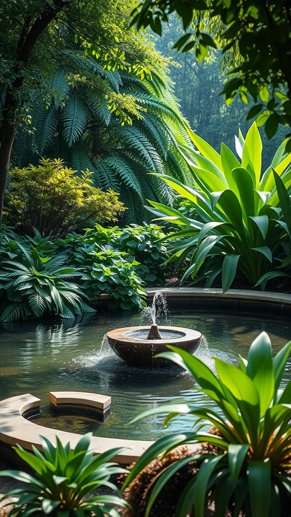 21+ Stunning Full Shade Landscaping Ideas for Your Garden 13 A serene water feature in a shaded garden, featuring a fountain surrounded by lush green plants.