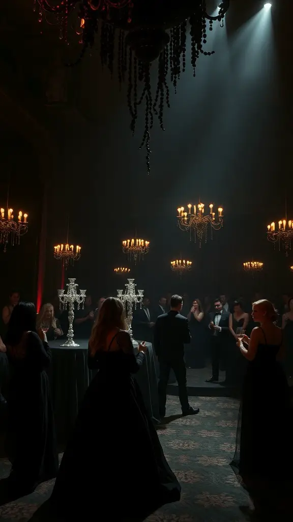 33+ Spooktacular Halloween Party Themes You Need to Try 19 A dimly lit ballroom with chandeliers and elegantly dressed guests, creating a mysterious and glamorous atmosphere.