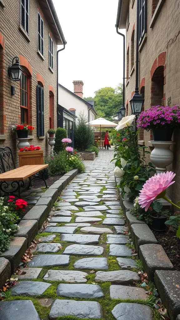 A charming stone pathway lined with flowers and greenery, leading through a townhouse garden.