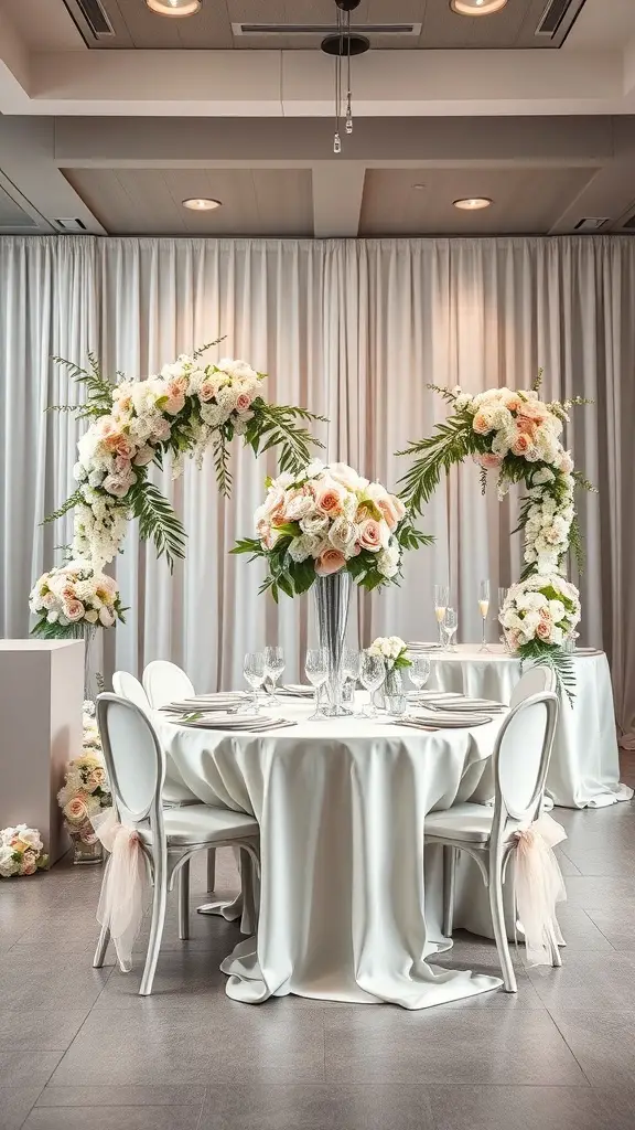 27+ Stunning Wedding Theme Color Schemes to Inspire Your Big Day 18 A wedding setup featuring gray and blush color scheme with floral arrangements and elegant table settings.