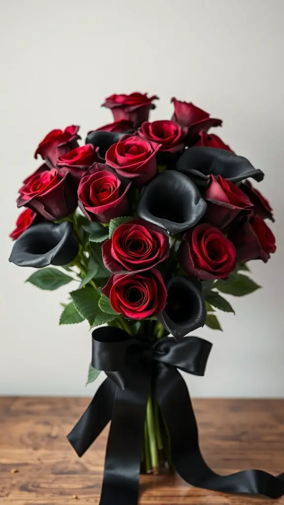 25+ Dark Romantic Wedding Inspirations You’ll Adore 4 A bouquet featuring deep red roses and black calla lilies tied with a black ribbon.