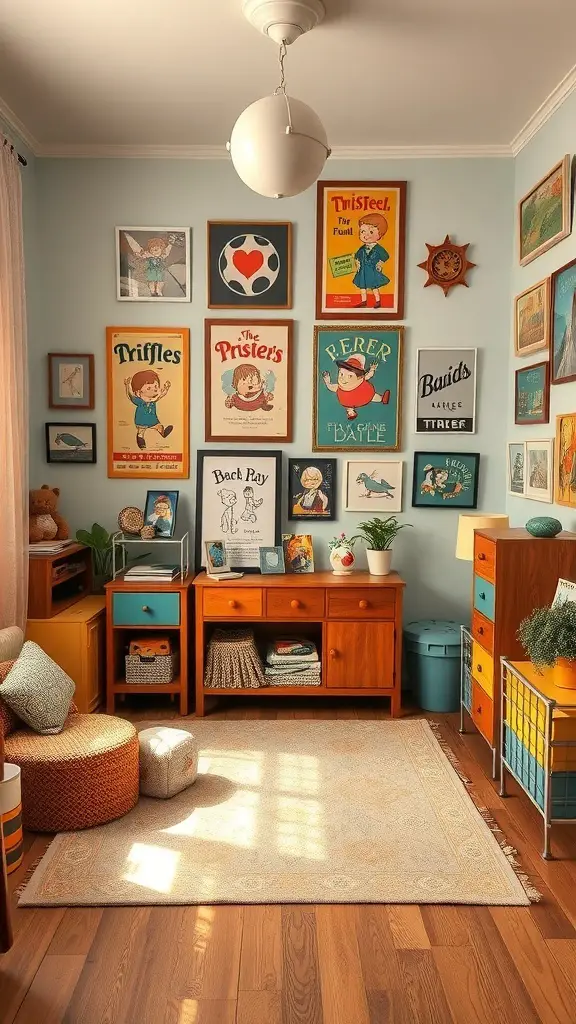 37+ Vintage Kids Room Ideas to Inspire Your Decor 2 A vintage kids room with colorful wall art, wooden furniture, and cozy decor.