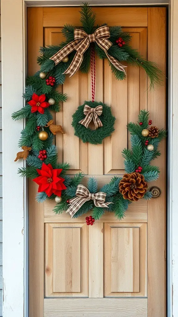 Rustic Christmas door hanger with pine branches, red poinsettias, gold ornaments, and plaid bows.