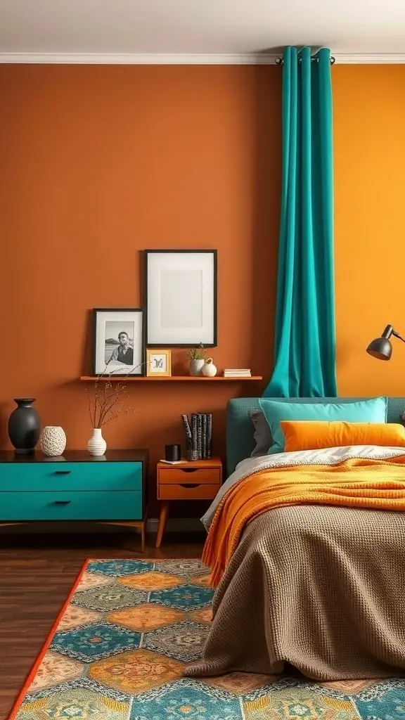A cozy bedroom featuring brown walls, teal curtains, and orange accents.