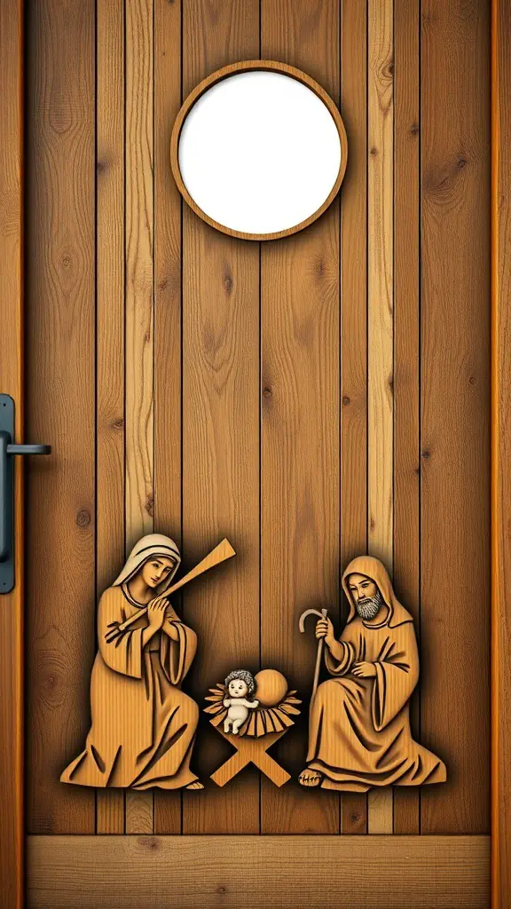 Wooden door decoration featuring a nativity scene with Mary, Joseph, and baby Jesus.