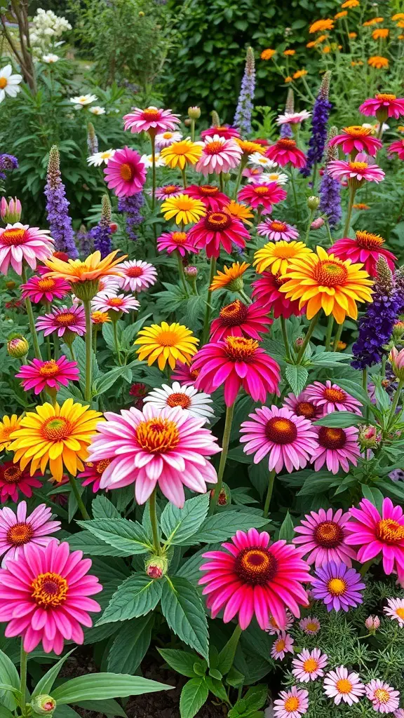 21+ Stunning Full Shade Landscaping Ideas for Your Garden 7 A colorful garden filled with various flowers, including pink, yellow, and purple perennials.