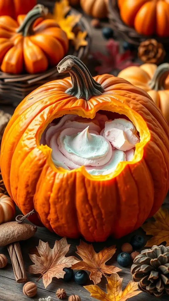 23+ Creative Fall Gender Reveal Ideas for Your Autumn Celebration 9 A carved pumpkin filled with colorful whipped cream, surrounded by autumn leaves and small pumpkins.