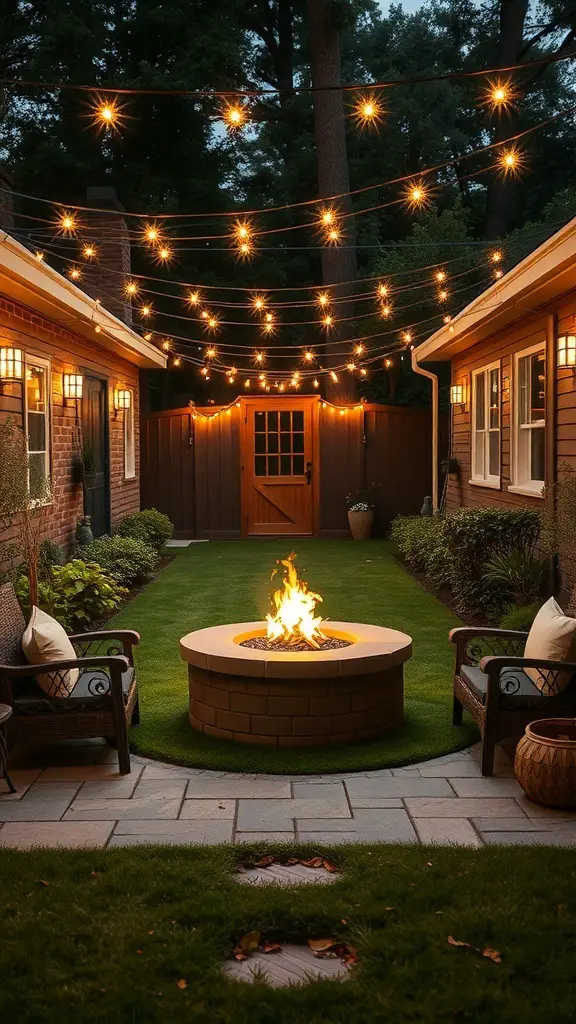 27+ Creative Long Narrow Backyard Ideas for Your Outdoor Space 4 Cozy fire pit area with string lights and seating in a narrow backyard