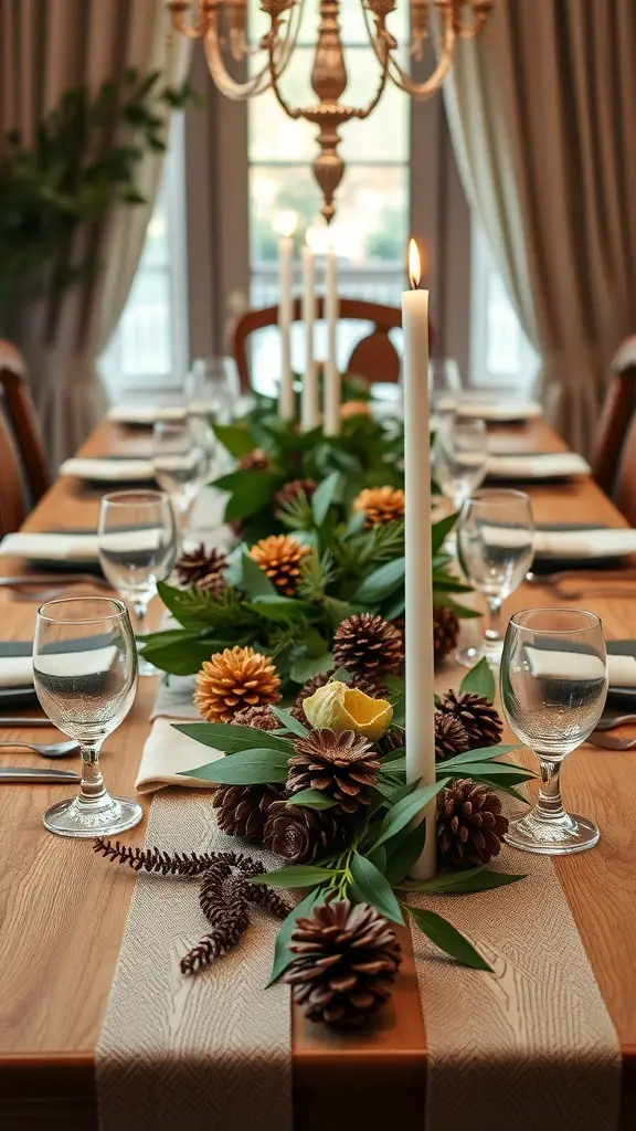 35+ Creative Fall Craft Ideas You’ll Love 7 A beautifully set dining table with candles, pinecones, and greenery for a fall gathering.
