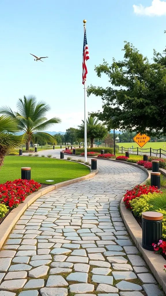 A landscaped pathway winding around a flag pole with flowers and lighting.
