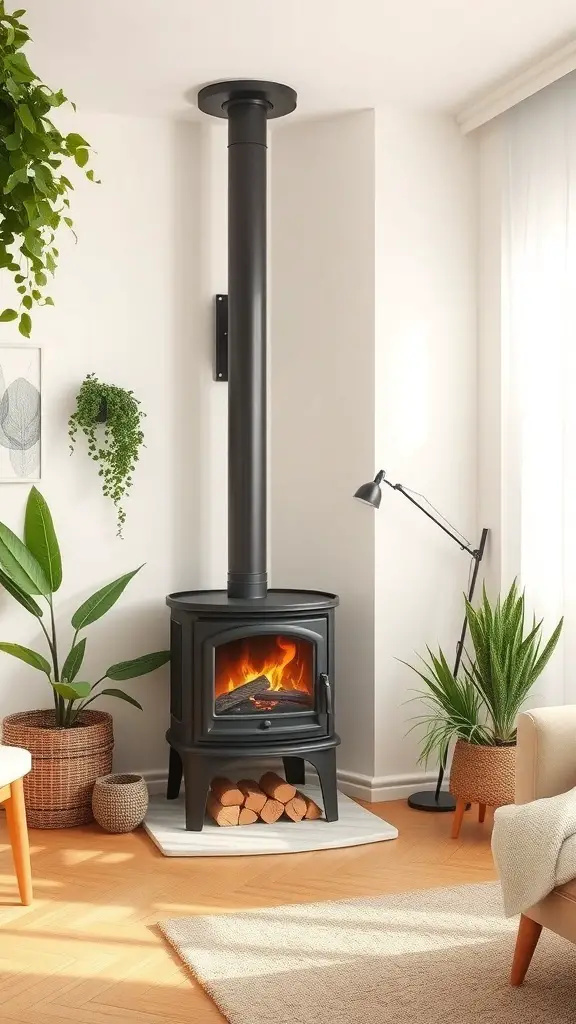 31+ Inspiring Wood Burning Stove Living Room Ideas 2 A modern wood-burning stove in a cozy living room corner, surrounded by plants and firewood.