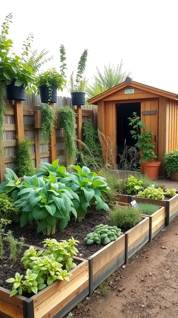 21+ Stunning Shed Landscaping Ideas to Transform Your Garden 8 A well-maintained herb garden next to a wooden shed, featuring raised beds filled with various herbs and potted plants.