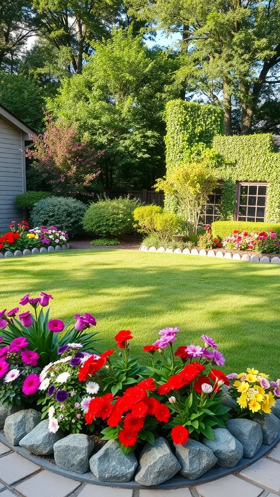 Colorful flower borders with a lush green lawn in a square backyard