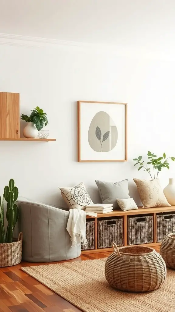 A cozy living room with stylish storage solutions, featuring a wooden shelf, woven baskets, and soft seating.