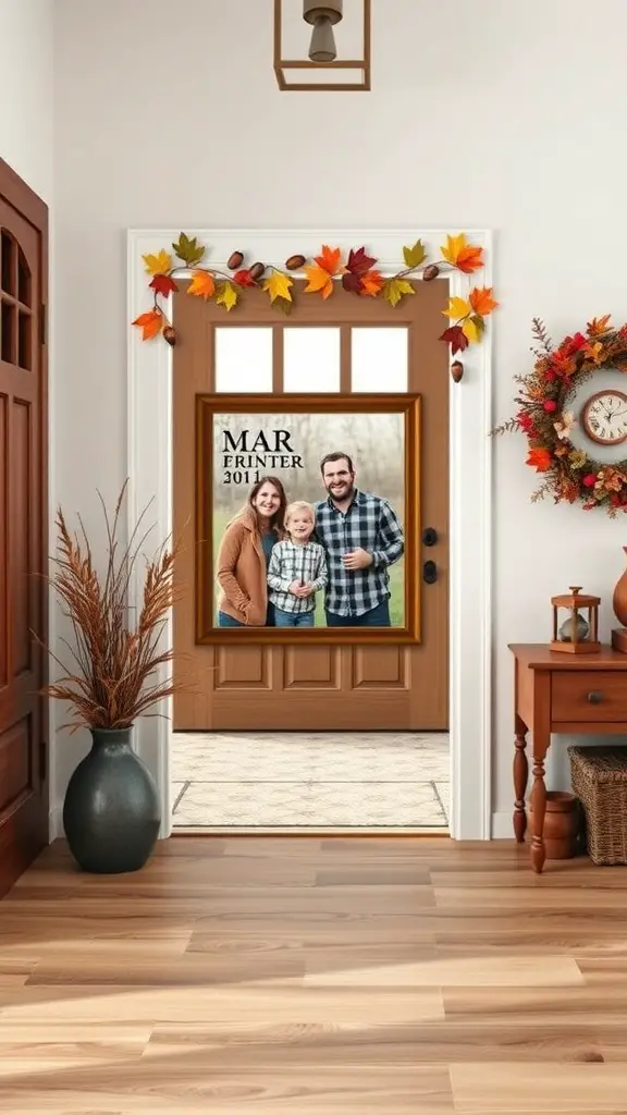 A cozy entryway decorated for fall with a family photo display and autumn leaves.