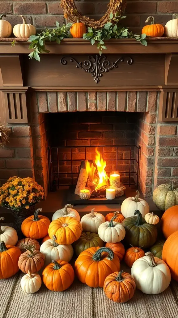 27+ Spooktacular Halloween Fireplace Decor Ideas You Need to Try 11 A cozy fireplace decorated with various pumpkins, a wreath, and candles, creating a warm Halloween atmosphere.