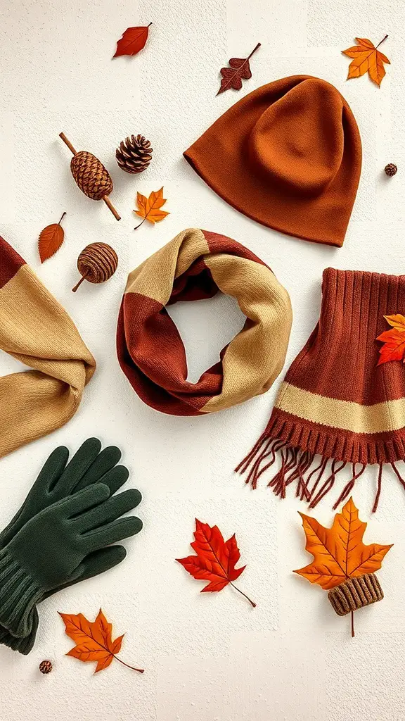 21+ Cozy Fall Mood Board Ideas for the Ultimate Autumn Vibe 20 A collection of fall accessories including a beanie, scarf, gloves, pinecones, and autumn leaves.