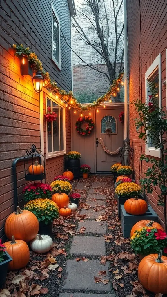 27+ Creative Long Narrow Backyard Ideas for Your Outdoor Space 15 A narrow backyard decorated with pumpkins, flowers, and lights for fall.