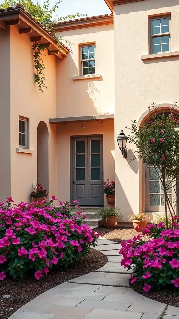 A front garden with stucco walls and vibrant pink flowers