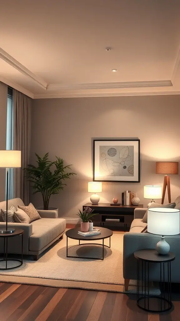 27+ Stunning Ideas for a Neutral and Blue Living Room Decor 12 A cozy living room with layered lighting, featuring floor and table lamps, and natural light from large windows.