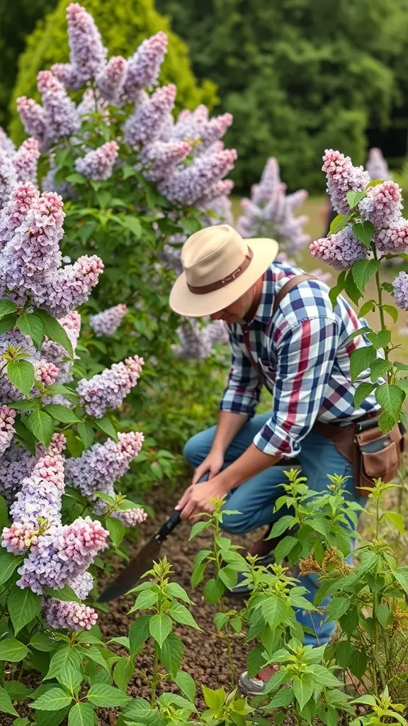 19+ Stunning Lilac Bush Landscaping Ideas for Your Garden 9 A person tending to lilac bushes in a garden, showcasing seasonal care tips.